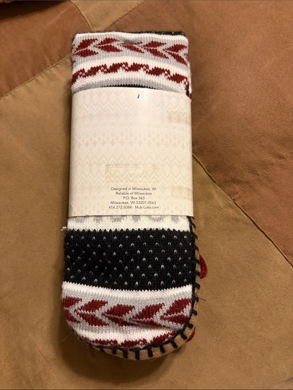 The Original Muk Luks-  Black, White & Burgundy Patterned Gripper Socks. (L/XL)